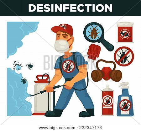 Extermination or pest control service and sanitary domestic disinfection vector flat design poster. Disinfector man with disinfectant liquid or gas spray against mouse rats, cockroaches and mite insects