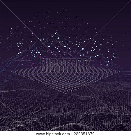 Big data stream futuristic infographic on digital cyber surface. Quantum computing, cryptography, trendy technologies infographic. 3D Bigdata visualization. Abstract visual data vector design.