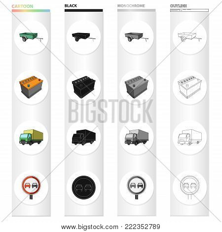 Car trailer, battery, big truck, road forbidden sign. Car and accessories set collection icons in cartoon black monochrome outline style vector symbol stock Isometric illustration .