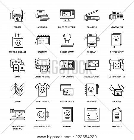 Printing house flat line icons. Print shop equipment - printer, scanner, offset machine, plotter, brochure, rubber stamp. Thin linear signs for polygraphy office, typography.