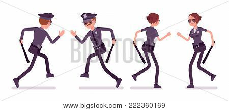 Young officers running, policeman and policewoman, members of a police force following a criminal. Law and justice concept. Vector flat style cartoon illustration isolated on white background