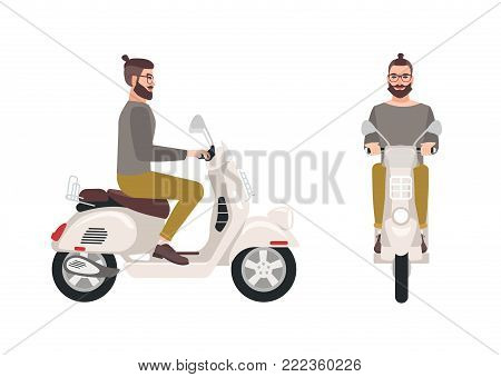 Hipster man or male cartoon character with trendy hairstyle and beard riding scooter. Stylish boy sitting on modern motor vehicle isolated on white background. Vector illustration in flat style