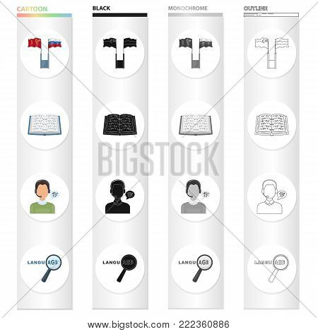Flags of two countries, a braille book, a male translator, a magnifying glass.Interpreter set collection icons in cartoon black monochrome outline style vector symbol stock illustration .