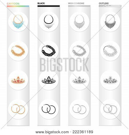 Jewelery necklace, gold chain, precious diadem, earrings. Jewelry and Accessories set collection icons in cartoon black monochrome outline style vector symbol stock illustration .