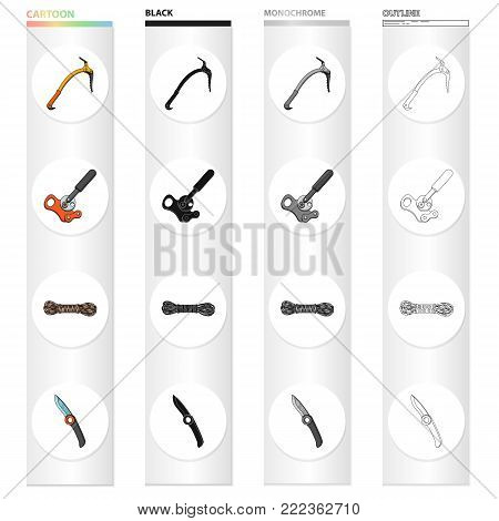Climbing ice pick, block clamp, coil of rope, knife. Climbing equipment set collection icons in cartoon black monochrome outline style vector symbol stock Isometric illustration .