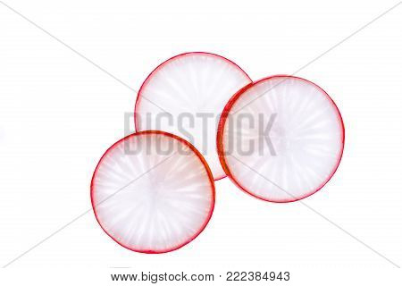 Radish slices isolated on white. Slose-up. Copy space