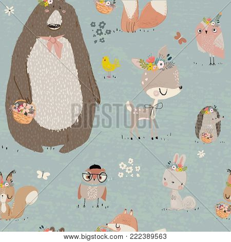 vector seamles pattern with cute summer animals