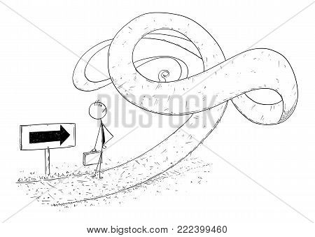 Cartoon stick man drawing conceptual illustration of businessman facing obstacle or problem in his way. Business concept of crisis and career difficulty.