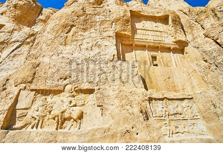 The mausoleum of Darius II and the equestrian reliefs from below of it, Naqsh-e Rustam archaeological site, Iran.
