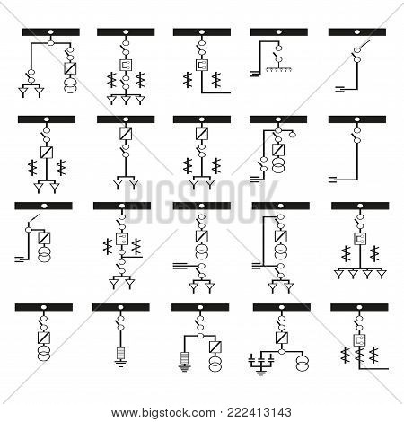Symbols in wiring diagrams. Black and white vector illustration.