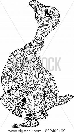Arrogant goose with a briefcase. Freehand sketch drawing for adult antistress coloring book