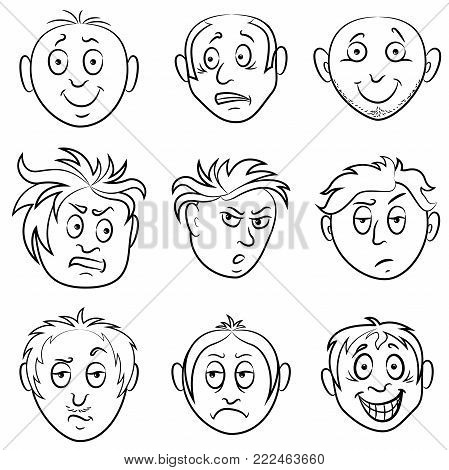 Set of nine amusing male grimaces, sketching cartoon vector outlines isolated on the white background