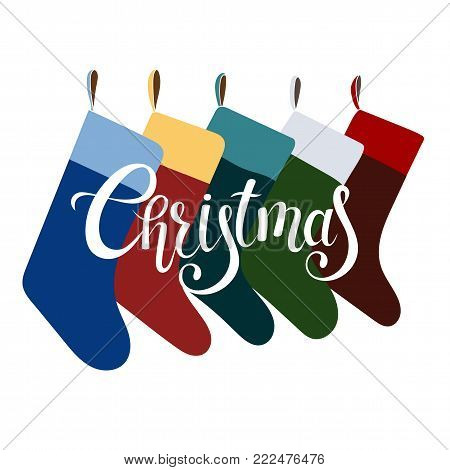 Winter Holiday illustration with Christmas socks for gifts and handmade lettering. Nice picture for Christmas, New Year, Sylwester, Noel greeting card, invitation, post card, print. EPS 10 vector.
