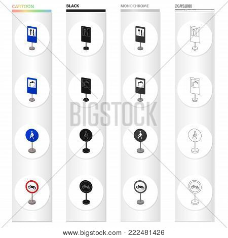 Index on the road, prohibiting, warning, indicating and other types of signs. Road sign set collection icons in cartoon black monochrome outline style vector symbol stock illustration .