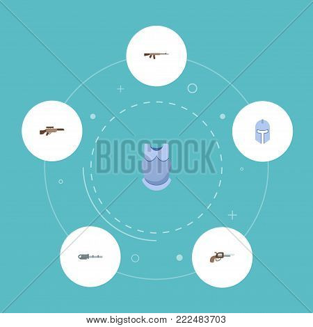 Icons flat style gatling gun, body armor, kalashnikov and other vector elements. Set of game icons flat style symbols also includes gun, rifle, shotgun objects.