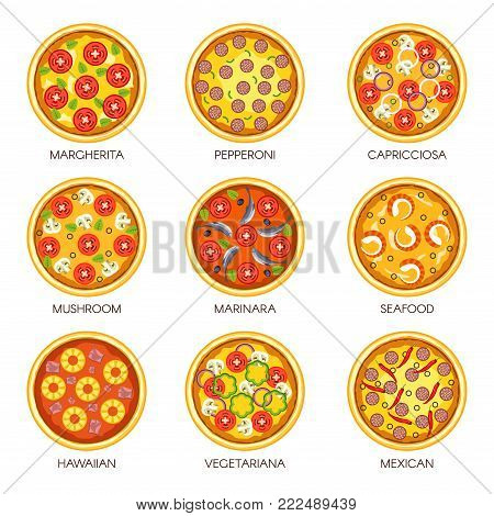 Pizza sorts vector icons for pizzeria or Italian cuisine fastfood or restaurant menu. Margherita, Pepperoni or Capricciosa with mushroom and seafood Marinara, vegetarian or Mexican and Hawaiian pizzas
