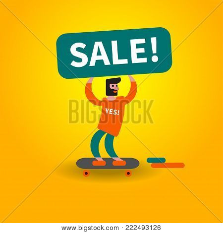 Hipster rides skateboard with poster sale. Discount in  store, advertisement, advertising, card, frame, template. Modern vector illustration