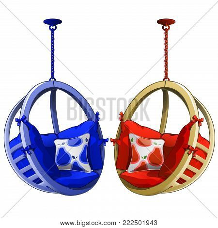 Two hanging chairs isolated on white background. Vector cartoon close-up illustration.