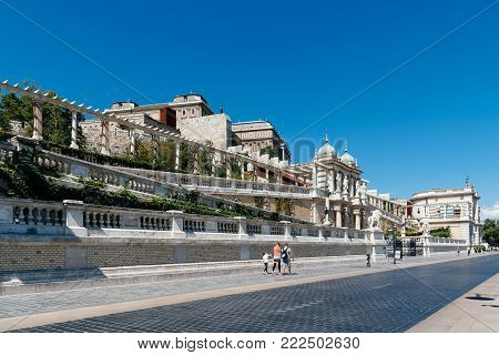 Budapest, Hungary - August 14, 2017: Budapest Castle Bazaar and The Royal Gardens. The newly refurbished historic Varkert Bazar are located at the foot of Castle hill of Budapest