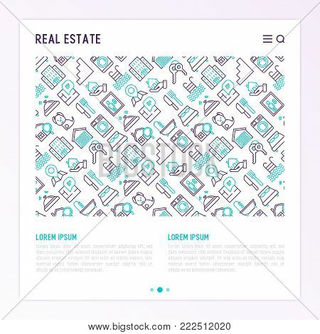 Rea estate concept with thin line icons: apartment house, bedroom, keys, elevator, swimming pool, bathroom, facilities. Modern vector illustration for web page, print media.