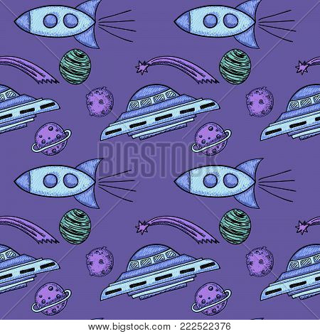 Hand drawn space. Vector doodle seamless pattern