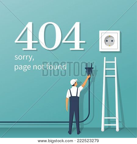 404 Error, page not found. Connection error. Electrical outlet and plug in hand man disabled, concept. Isolated on background. Broken stairs. Vector illustration flat design. Network support service.