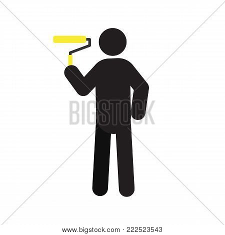 Man with paint roller silhouette icon. Painter. Worker. Isolated vector illustration