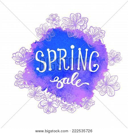 Vector colorful poster Spring sale with circlet wreath frame, watercolor texture and floral background. Illustration can be used as card, flyer, banner