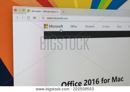 Sankt-Petersburg, Russia, January 11, 2018:  Apple iMac with Microsoft homepage on monitor screen. Homepage of Microsoft.com on PC computer.