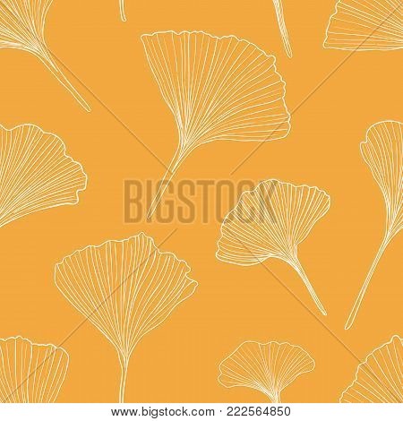 Hand drawn vector outlone ginkgo leaves seamless pattern isolated on yellow background. Good for fabric, wallpaper or package.