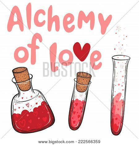 Hand drawn vector valentine greeting card with flasks and bottles of love elixir