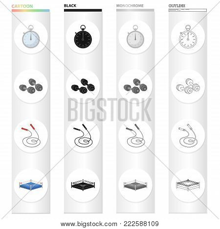Stopwatch, dumbbells and a skipping rope for training, boxing ring. Boxing set collection icons in cartoon black monochrome outline style vector symbol stock illustration .