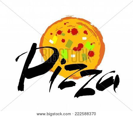 PIZZA hand-lettering calligraphy. Pizza hand drawn vector stock illustration. Modern brush ink. Isolated on white background.