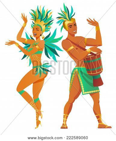 Brazilian samba dancers. Vector carnival girl and guy dancing.