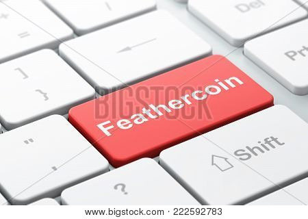 Cryptocurrency concept: computer keyboard with word Feathercoin, selected focus on enter button background, 3D rendering