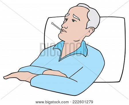 An elderly patient with a thermometer is in bed recuperating