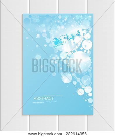 Stock vector brochure A5 or A4 format design Christmas template, abstract circles, winter landscape New Year 2018 Santa Claus in sleigh with deer glow full moon night background for printed material