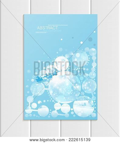 Stock vector brochure A5 or A4 format design Christmas template, abstract circles, winter landscape New Year 2018 Santa Claus in sleigh with deer glow full moon night background for printed material
