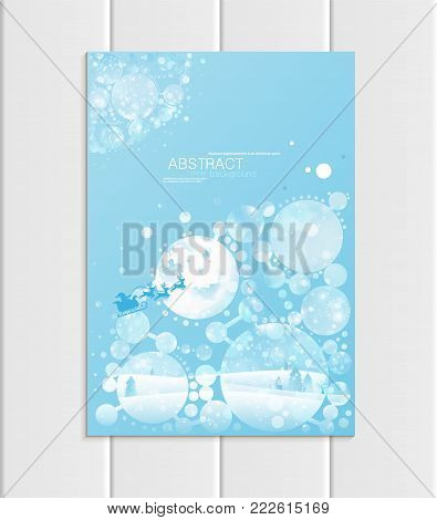 Stock vector brochure A5 or A4 format design Christmas template, abstract circles, winter landscape New Year 2018 Santa Claus in sleigh with deer glow full moon night background for printed material