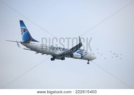 Amsterdam the Netherlands - January 14th 2018: SU-GEF EgyptAir Boeing 737-800 approaching Schiphol Amsterdam Airport Polderbaan runway