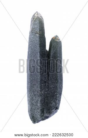 Blue quartz point with tourmaline inclusions from Brazil isolated on white background