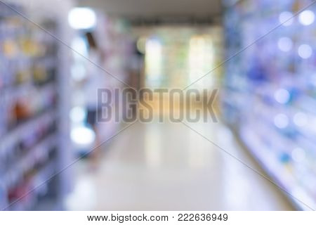 Defocused blur abstract background of product on shelves in department store.