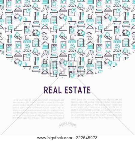 Rea estate concept with thin line icons: apartment house, bedroom, keys, elevator, swimming pool, bathroom, facilities. Modern vector illustration for web page, print media.