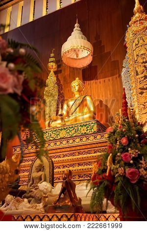 CHIANG RAI, THAILAND - December 20, 2017: Beautiful Buddha image is in Hong Luang Sang Kaew Museum, Chiang Rai. This museum is a part of Wat Phra Kaew Chiang Rai. It's a famous place for Chiang Rai trip.