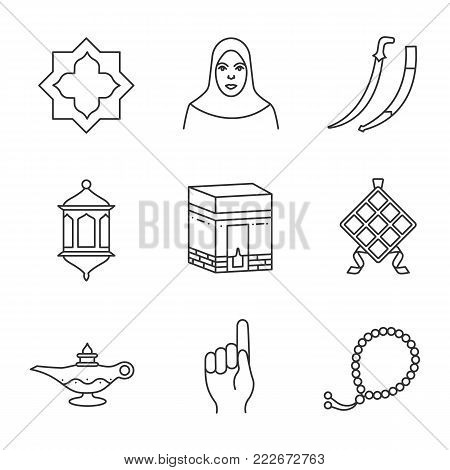 Islamic culture linear icons set. Islamic star, muslim woman, scimitar sword, lantern, kaaba, ketupat, oil lamp, god gesture, misbaha. Thin line contour symbols. Isolated vector outline illustrations