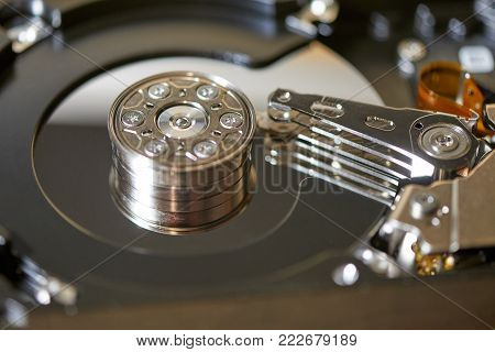 Internals of SATA hard disk drive, shallow depth of field