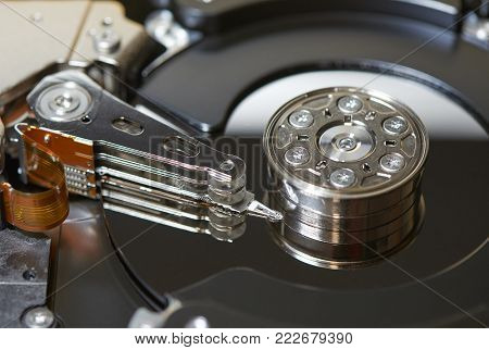 Internals of SATA hard disk drive, shallow depth of field