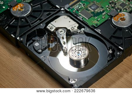 Internals of SATA hard disk drive, shallow depth of field