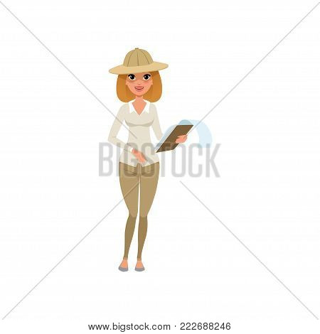 Beautiful archaeologist woman standing with clipboard in hands. Cartoon female character in hat, pants and blouse. Professional at work. Colorful flat vector illustration isolated on white background.