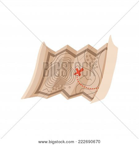 Old map with red cross leading to ancient burial and antique artifacts. Archeology vector symbol in flat style. Cartoon illustration isolated on white background. Design for web site or mobile app.